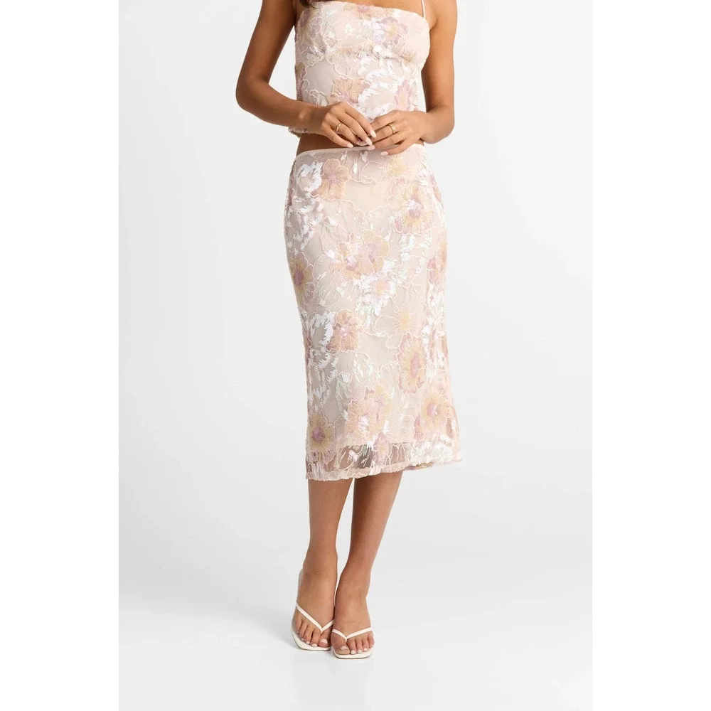 Sasha Therese Orion Skirt Sequin Floral Blush Embroidered Mesh Midi XS Fairycore